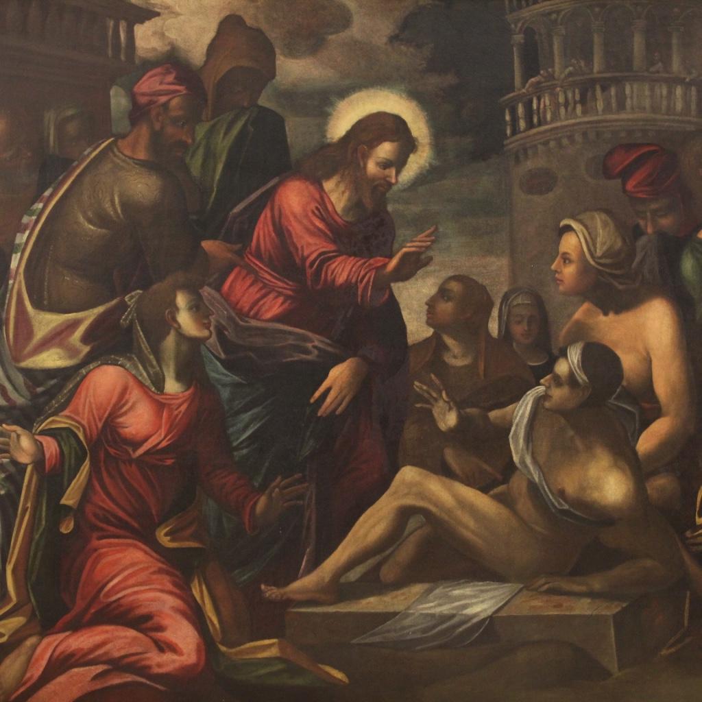 Antique religious painting from the 17th century. Large-sized artwork of the Venetian school with a remarkable scenic impact. Oil painting on canvas depicting the episode of the miracle of the resurrection of Lazarus. Christ is in the center, on the