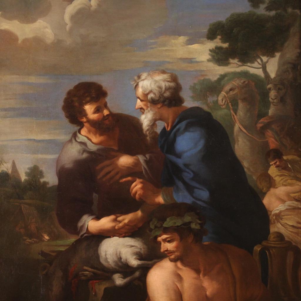 Espléndida pintura italiana del siglo XVII. Pintura al óleo sobre lienzo que representa la alianza de Jacob y Labán. El tema se inspira en un lienzo de Pietro da Cortona (1596-1669), conservado en el Museo del Louvre y realizado hacia 1630-35. El