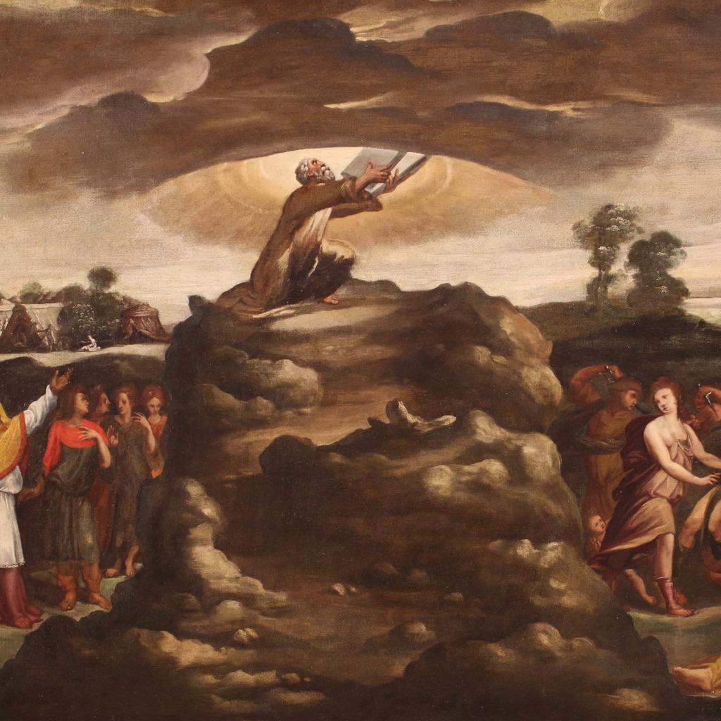 Antique Italian painting from the 17th century. Oil painting on canvas that develops horizontally depicting various Biblical events from the story of Moses, of good pictorial quality. On the left we find the Jewish people fleeing Egypt. On the right
