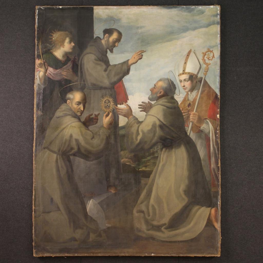 Great 17th century Italian religious painting. Oil on canvas painting, on the first canvas, depicting a splendid blessing of friars, the iconography refers to the Jesuit order of Ignazio da Loyola. Painting that has undergone a conservative
