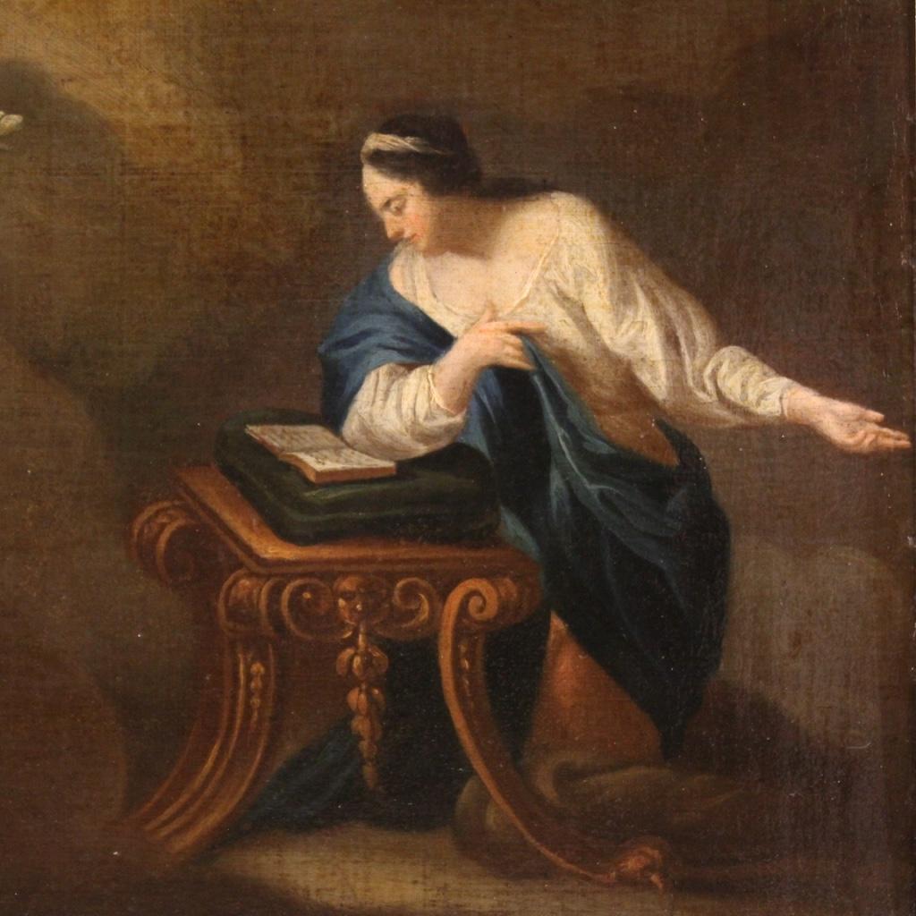 17th Century Oil on Canvas Italian Antique Religious Painting Annunciation, 1680 In Good Condition In Vicoforte, Piedmont
