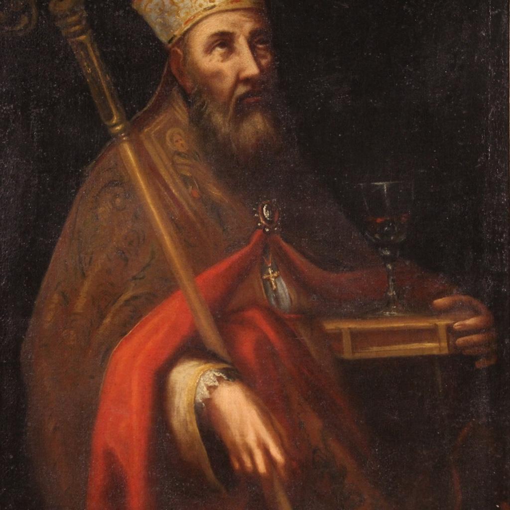 17th Century Oil on Canvas Italian Antique Religious Painting Bishop Portrait In Good Condition In Vicoforte, Piedmont