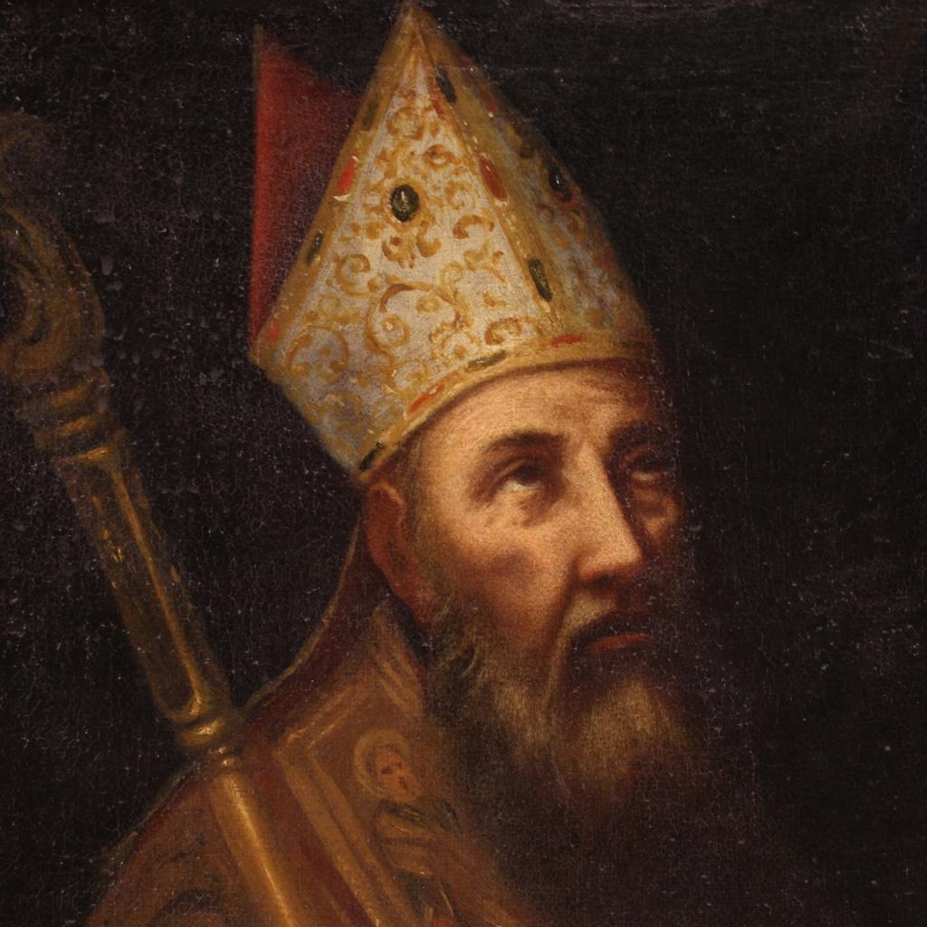 17th Century Oil on Canvas Italian Antique Religious Painting Bishop Portrait 1