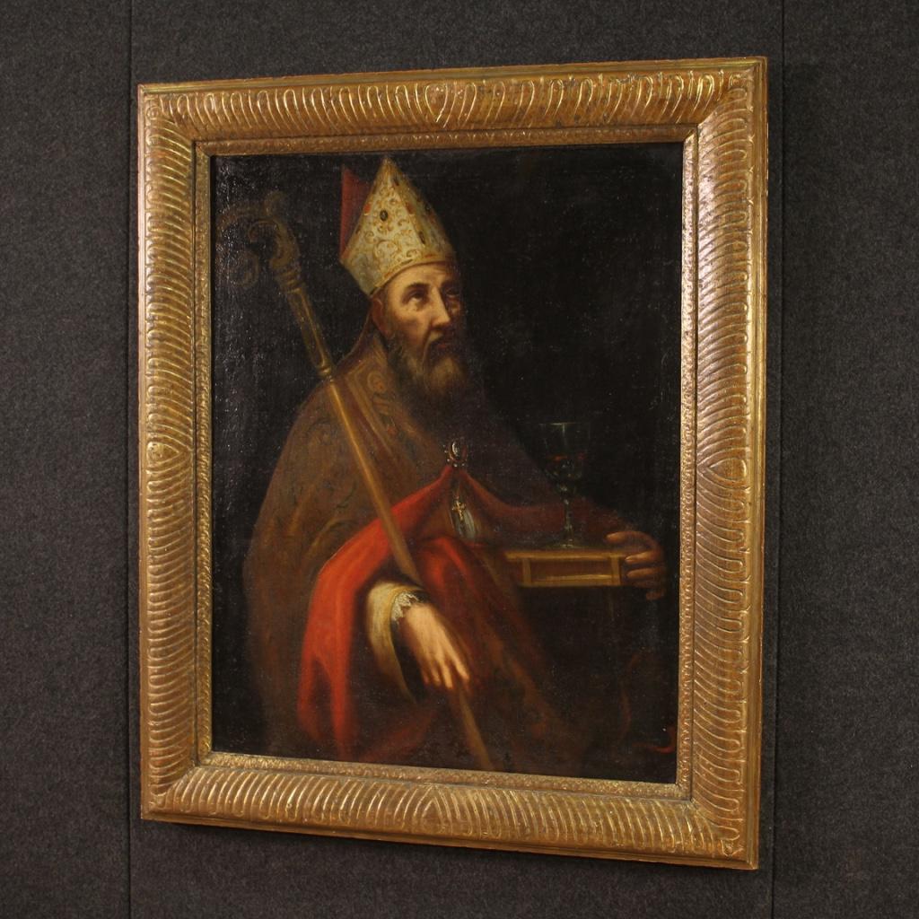 17th Century Oil on Canvas Italian Antique Religious Painting Bishop Portrait 2