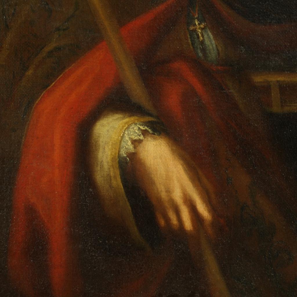 17th Century Oil on Canvas Italian Antique Religious Painting Bishop Portrait 3