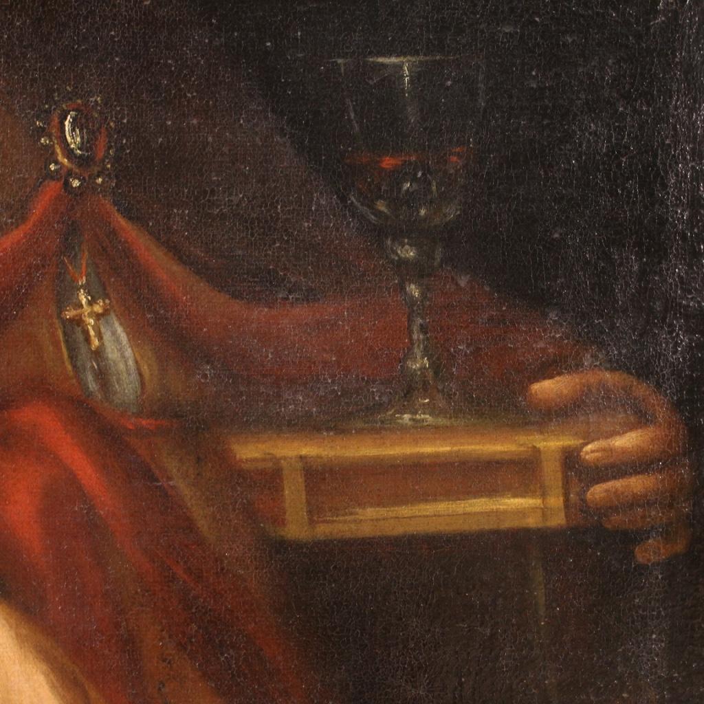 17th Century Oil on Canvas Italian Antique Religious Painting Bishop Portrait 4