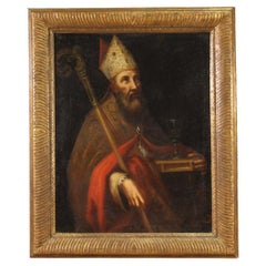 17th Century Oil on Canvas Italian Antique Religious Painting Bishop Portrait