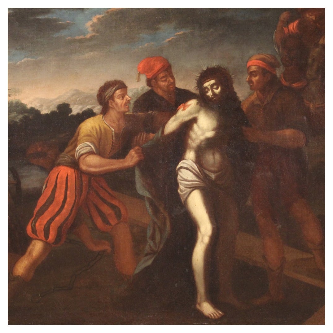 Antico dipinto italiano del XVII secolo. Opera d'arte olio su tela raffigurante un soggetto religioso, Gesù spogliato delle sue vesti, scena della passione di Cristo di buona qualità pittorica. Opera d'arte di grandi dimensioni e splendidamente