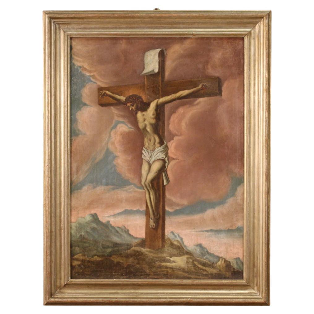 17th Century Oil on Canvas Italian Antique Religious Painting Crucifixion, 1670