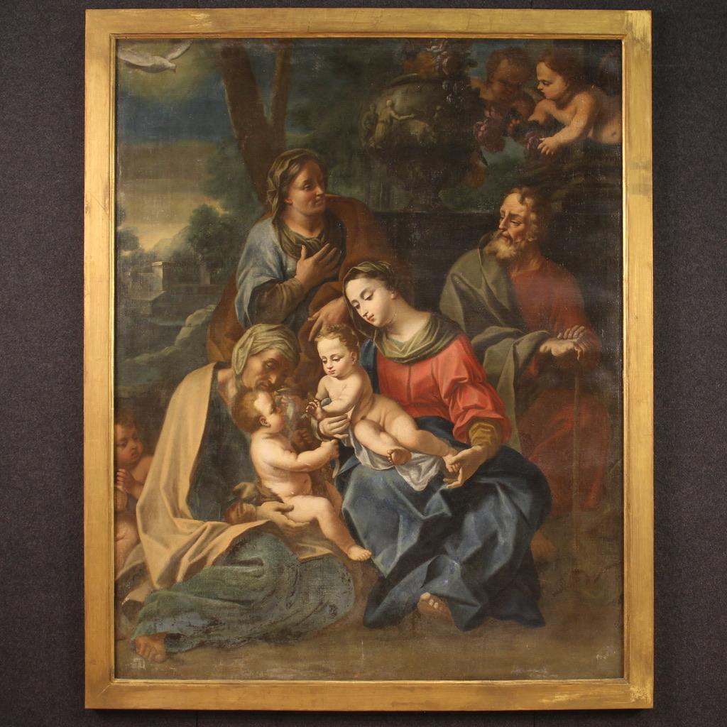 Peinture italienne ancienne de la seconde moitié du XVIIe siècle. Oeuvre d'art en huile sur toile représentant le sujet religieux Sainte Famille avec chérubins d'excellente qualité picturale. Peinture montrant au premier plan Marie tenant Jésus dans