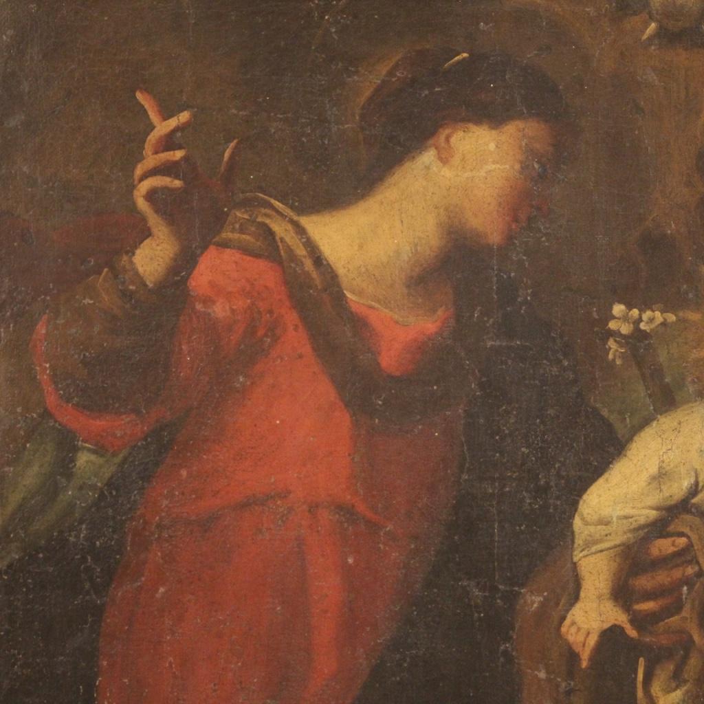 17th Century Oil on Canvas Italian Antique Religious Painting Holy Family, 1670 In Fair Condition In Vicoforte, Piedmont
