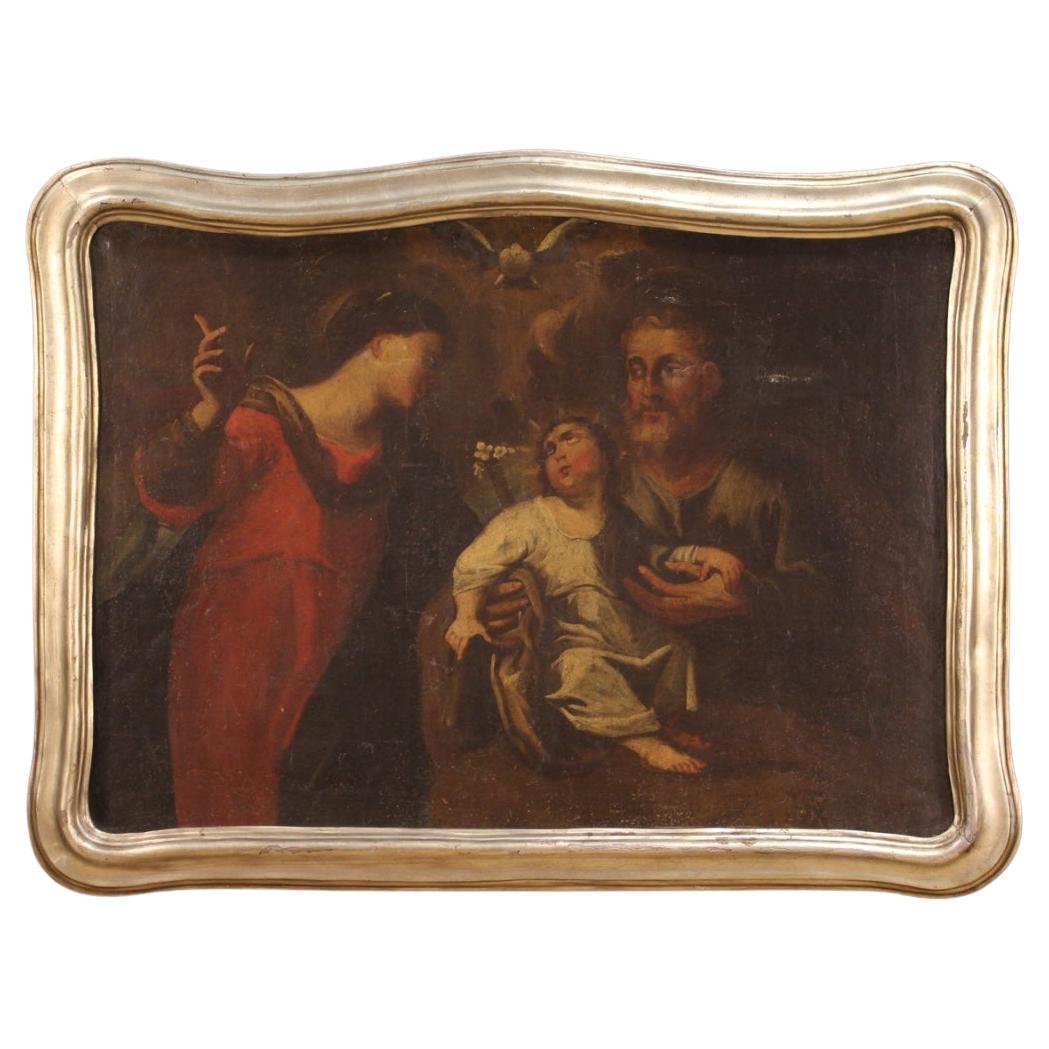 17th Century Oil on Canvas Italian Antique Religious Painting Holy Family, 1670