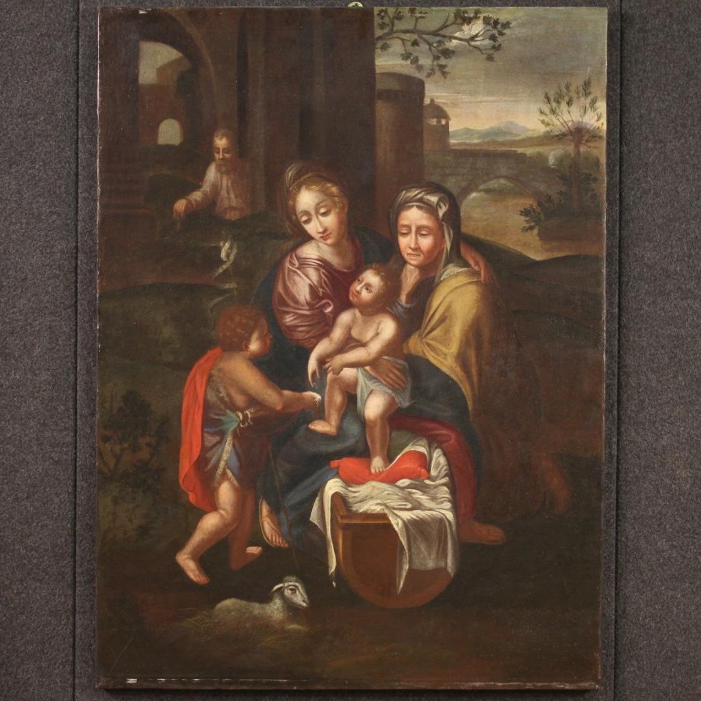 Antique Italian painting from the 17th century. Artwork oil on canvas depicting a religious subject, the Holy Family, Madonna with child, Saint Anne and Saint John of good pictorial quality. Painting that develops vertically, with a pleasant