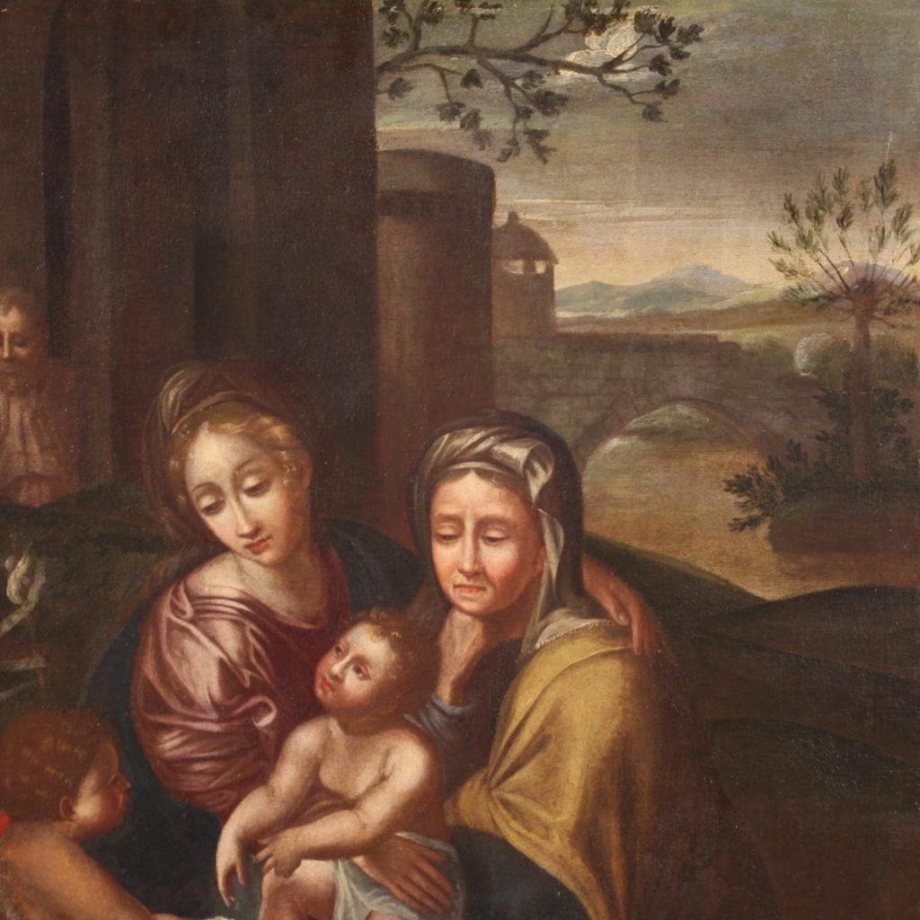17th Century Oil on Canvas Italian Antique Religious Painting Holy Family, 1680 1