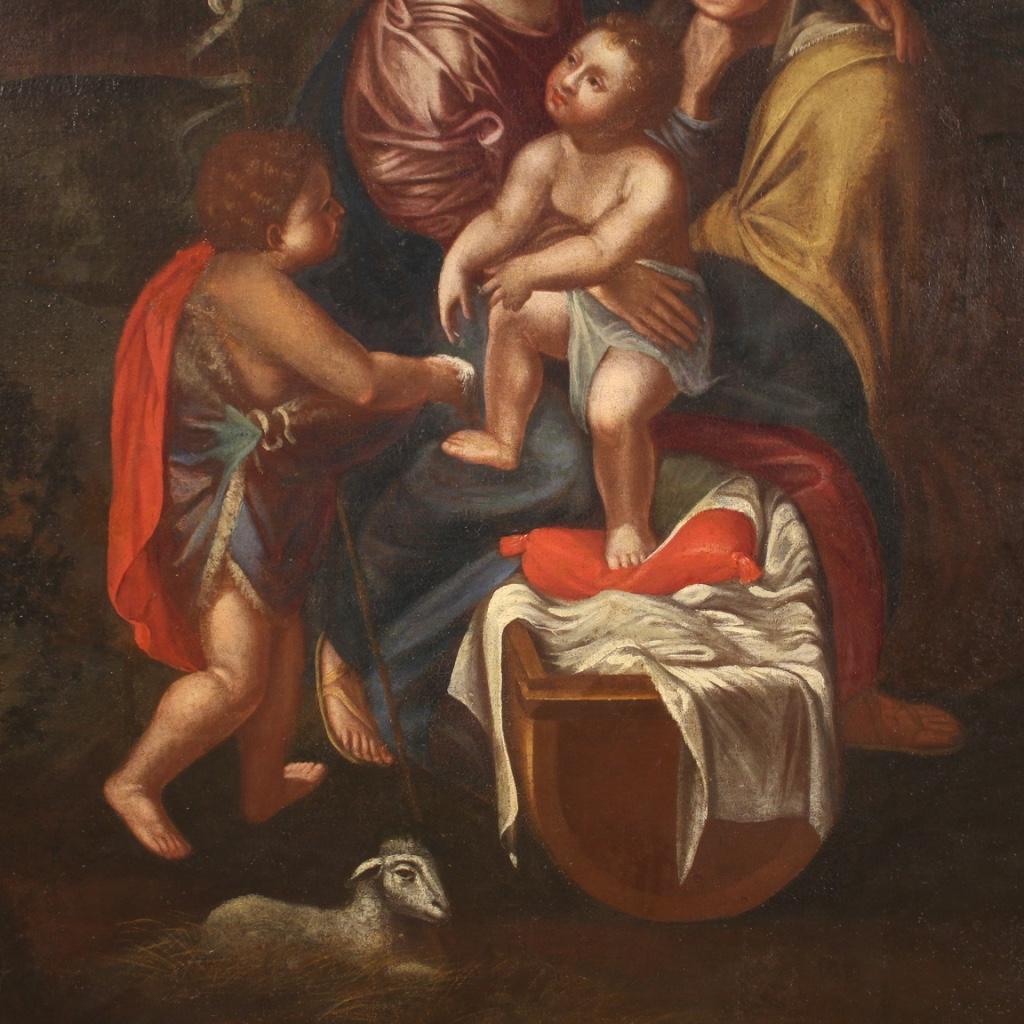 17th Century Oil on Canvas Italian Antique Religious Painting Holy Family, 1680 4