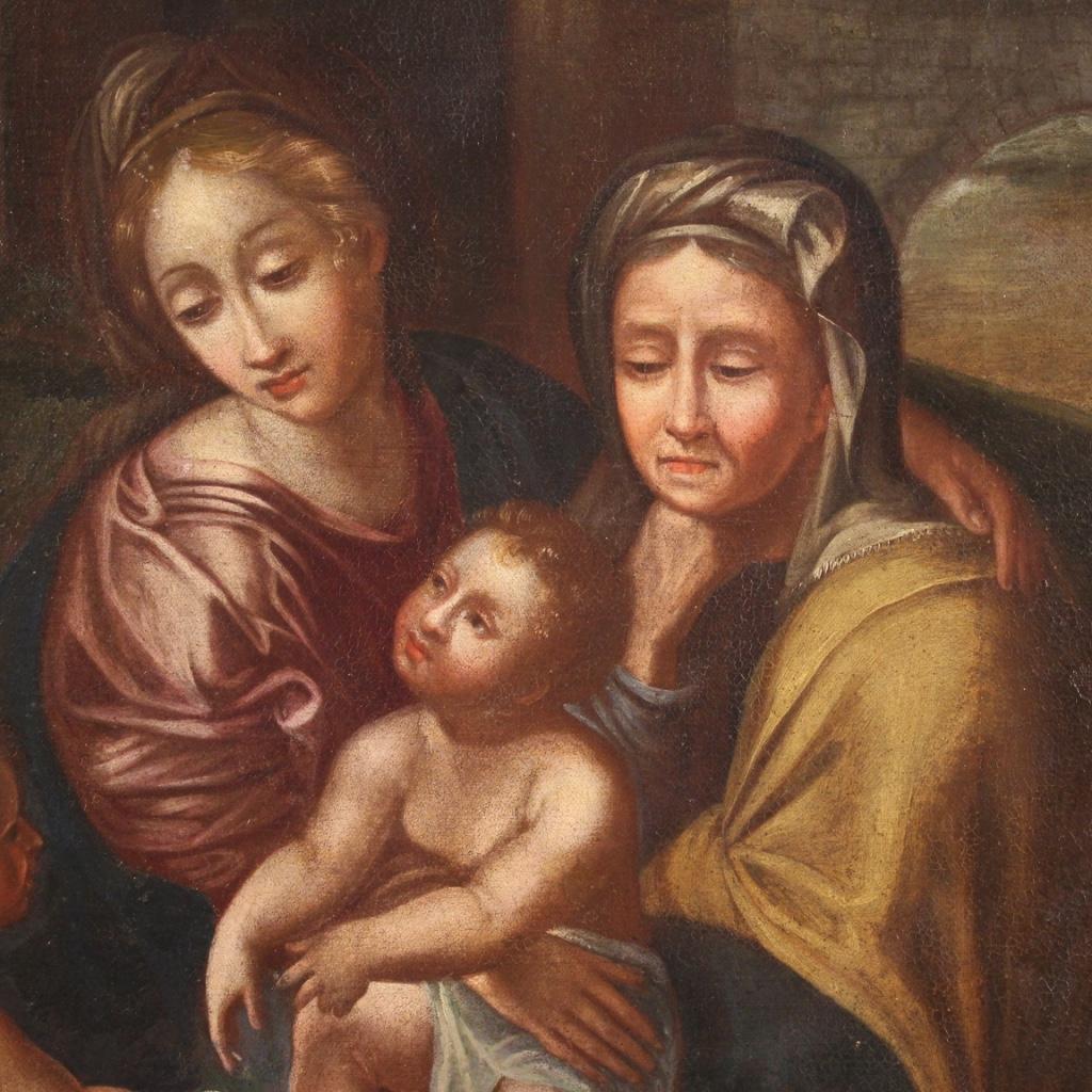 17th Century Oil on Canvas Italian Antique Religious Painting Holy Family, 1680 5