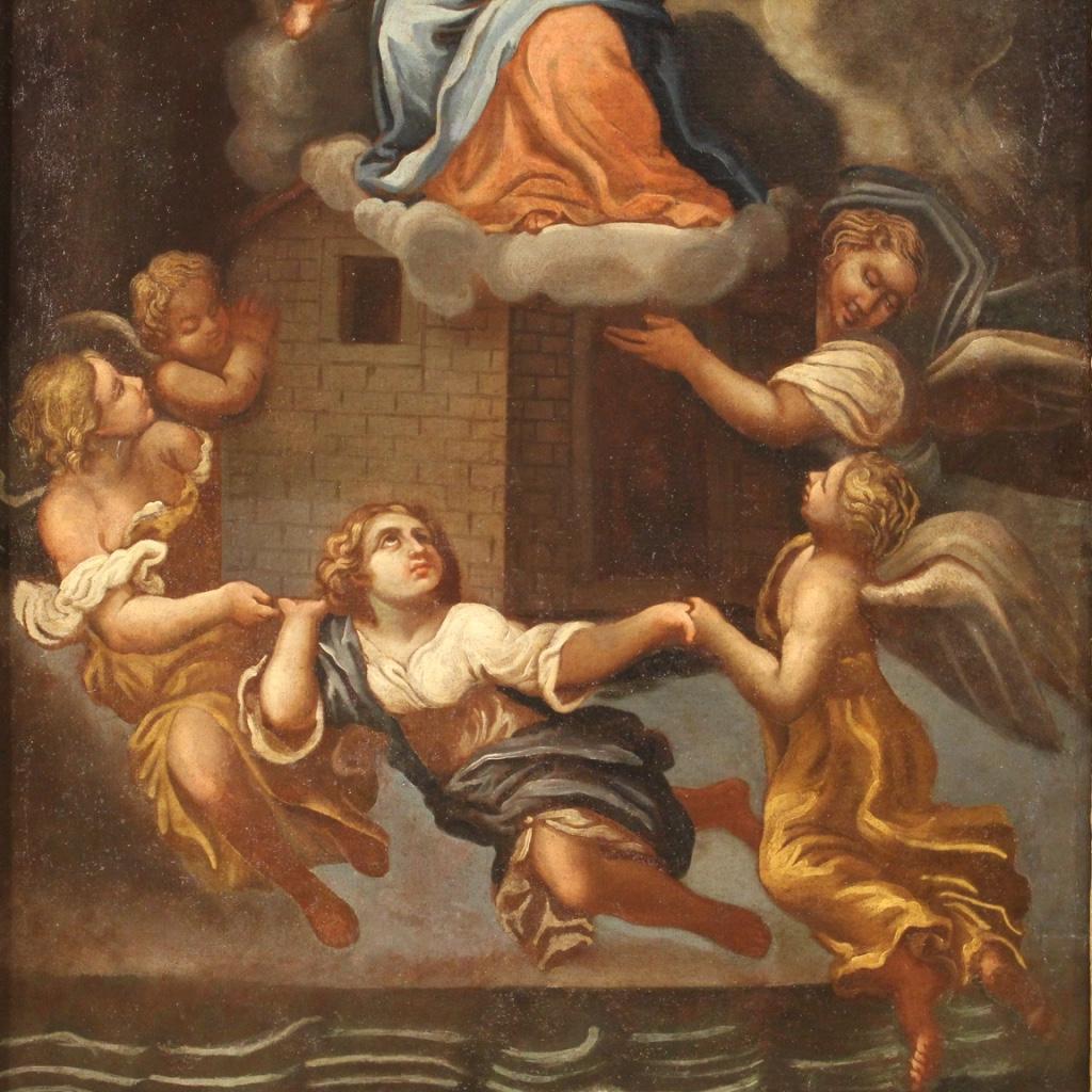 17th Century Oil on Canvas Italian Antique Religious Painting Loreto Miracle In Good Condition In Vicoforte, Piedmont