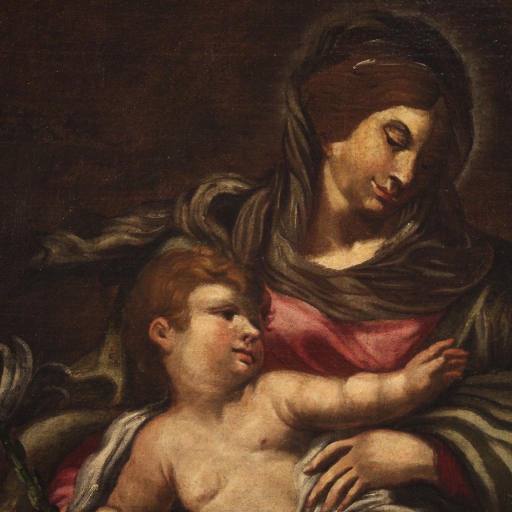 17th Century Oil on Canvas Italian Antique Religious Painting Madonna with Child For Sale 7