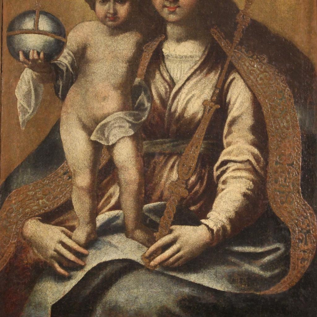 17th Century Oil on Canvas Italian Antique Religious Painting Madonna with Child In Good Condition In Vicoforte, Piedmont