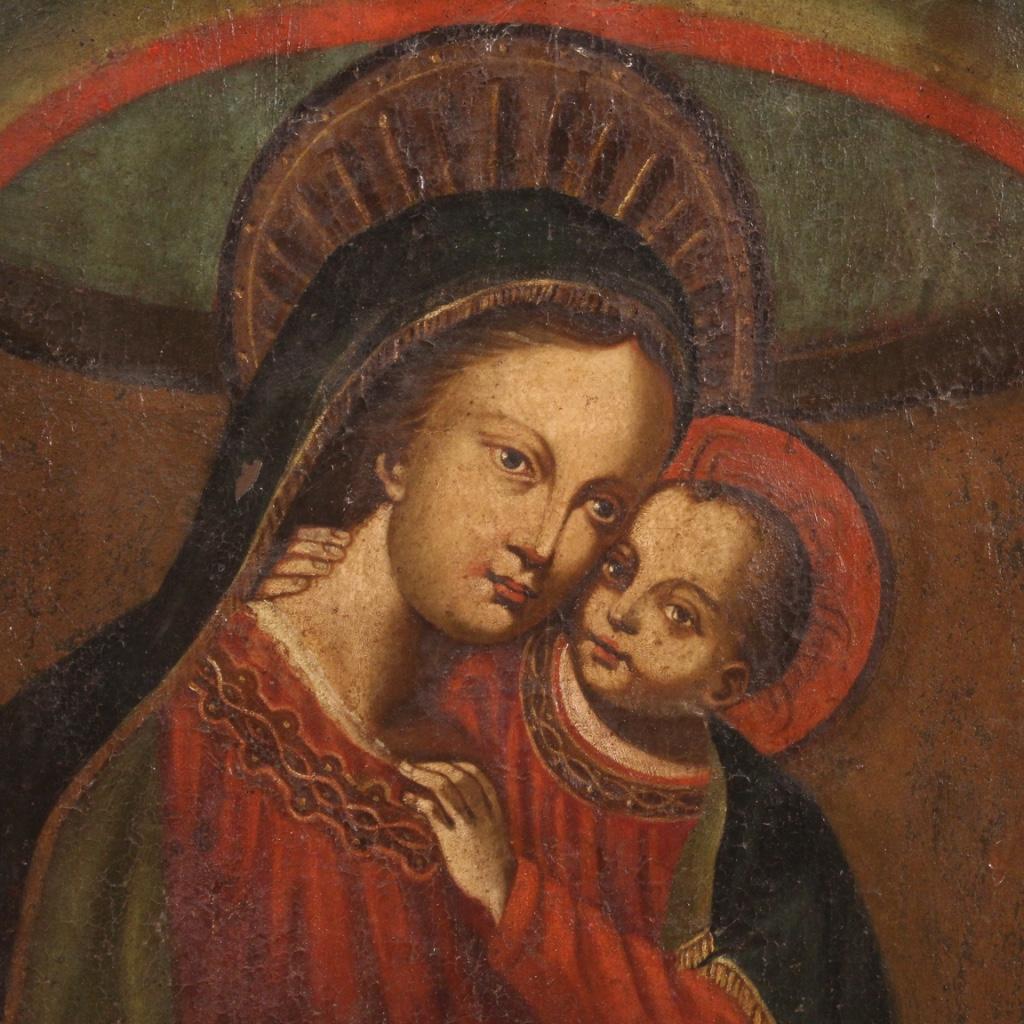 17th Century Oil on Canvas Italian Antique Religious Painting Madonna with Child In Fair Condition In Vicoforte, Piedmont