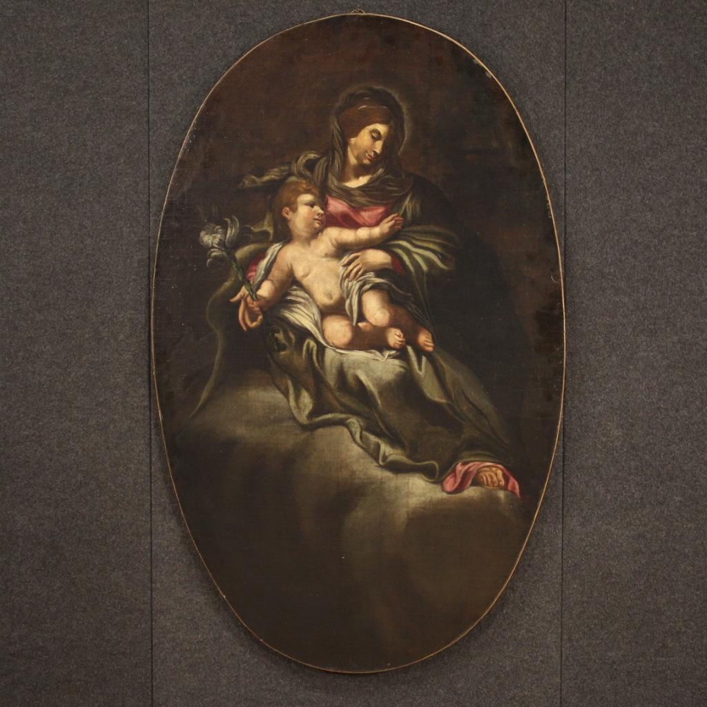 17th Century Oil on Canvas Italian Antique Religious Painting Madonna with Child For Sale 6