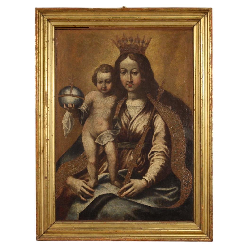 17th Century Oil on Canvas Italian Antique Religious Painting Madonna with Child