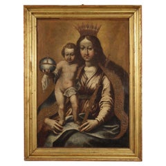 17th Century Oil on Canvas Italian Antique Religious Painting Madonna with Child
