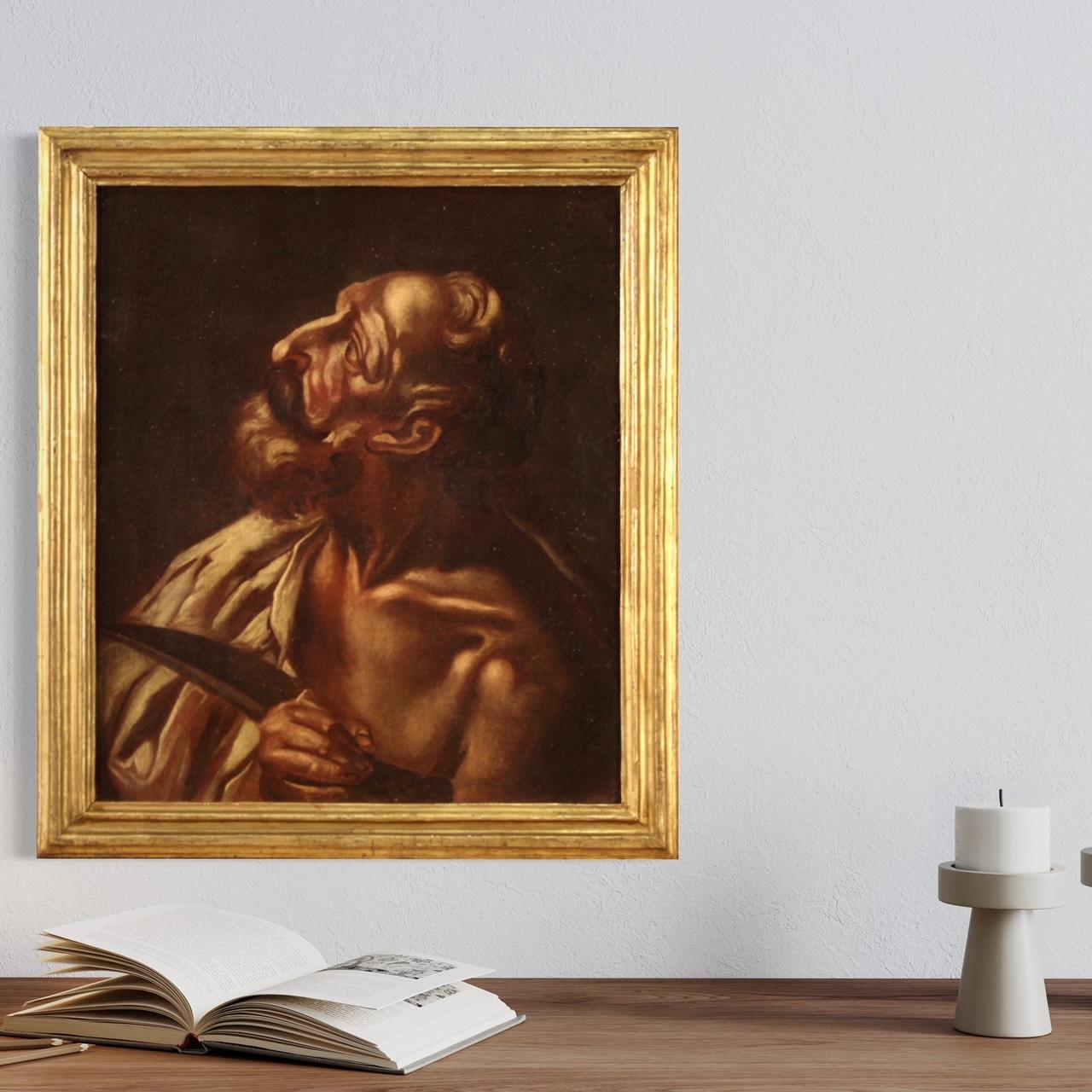 Antico dipinto italiano del XVII secolo. Painting oil on canvas depicting a religious subject Saint Bartholomew of excellent pictorial quality. Painting of beautiful size and proportion adorned with an antique, not coeval, carved and gilded wooden