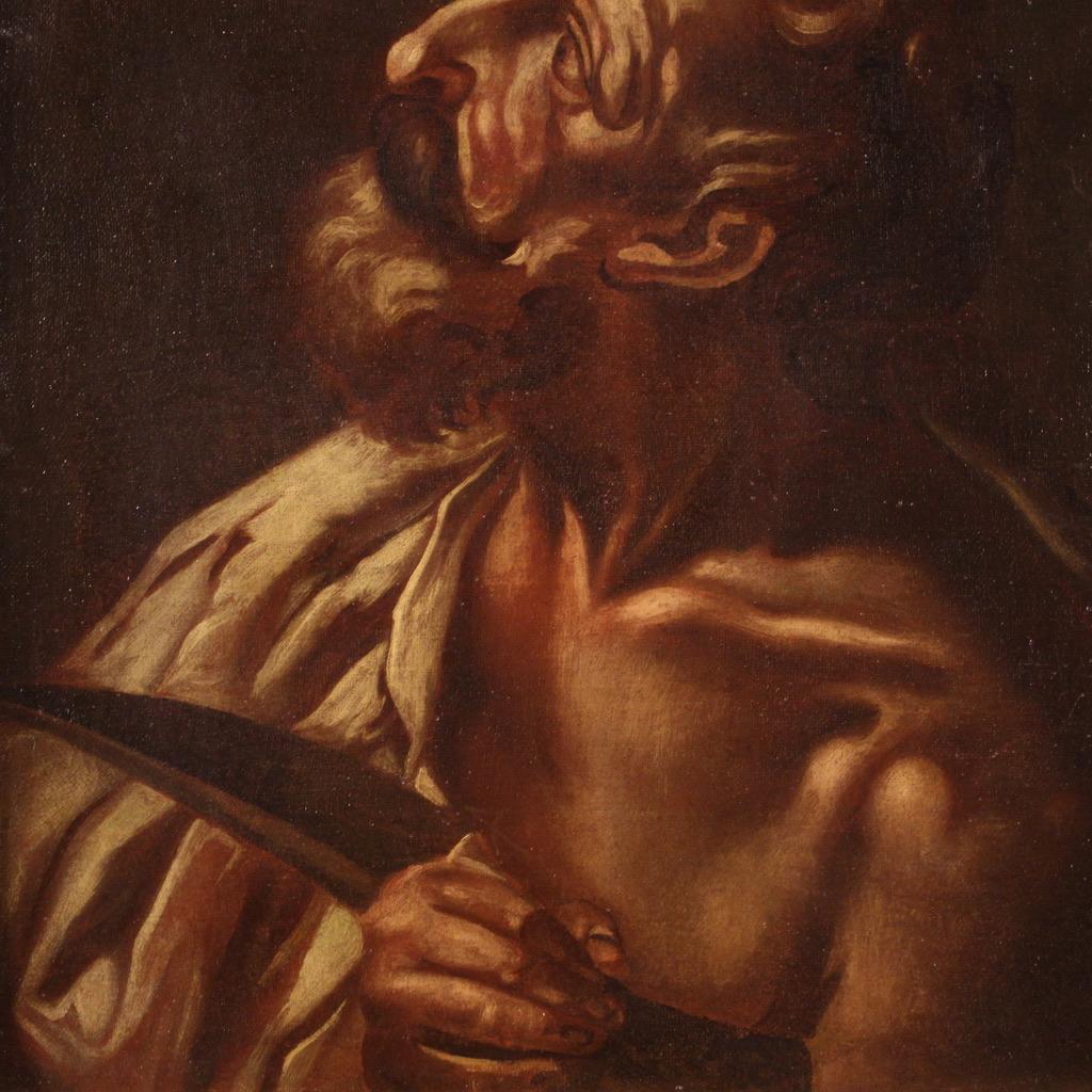 Oiled 17th Century Oil on Canvas Italian Antique Religious Painting Saint Bartholomew For Sale