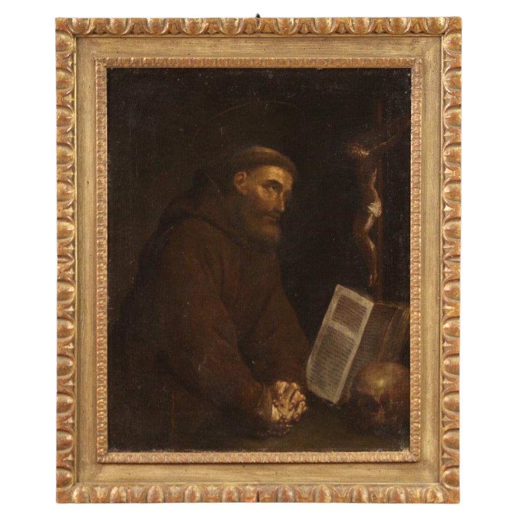17th Century Oil on Canvas Italian Antique Religious Painting Saint Francis 1670