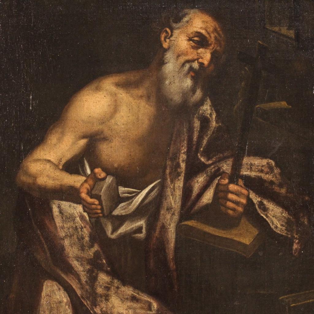 17th Century Oil on Canvas Italian Antique Religious Painting Saint Jerome, 1650 In Good Condition In Vicoforte, Piedmont