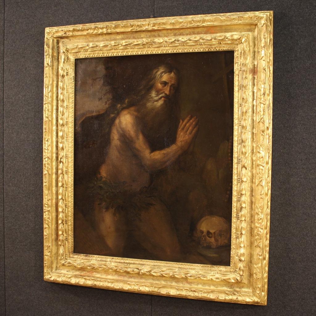 17th Century Oil on Canvas Italian Antique Religious Painting Saint Jerome, 1680 1