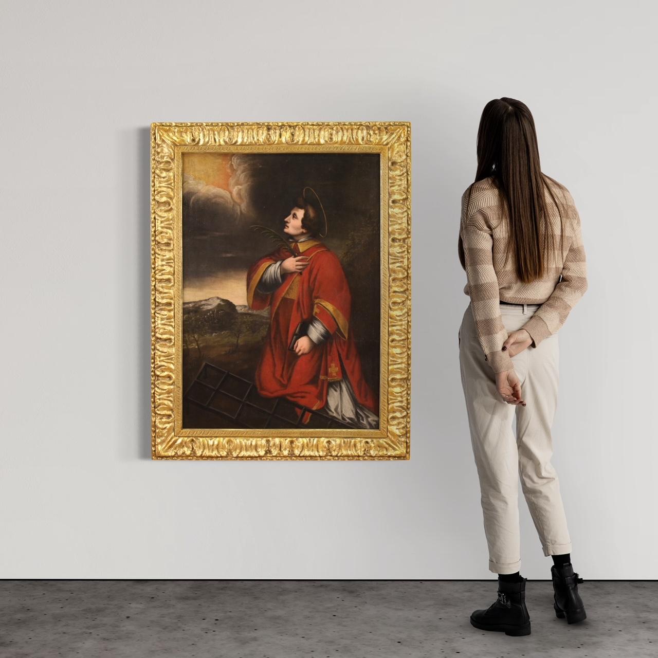 Antique Italian painting from the 17th century. Artwork oil on canvas depicting a religious subject Saint Lawrence of good pictorial quality. Large size and impact painting adorned with a 20th century frame in wood and plaster, carved and gilded, of