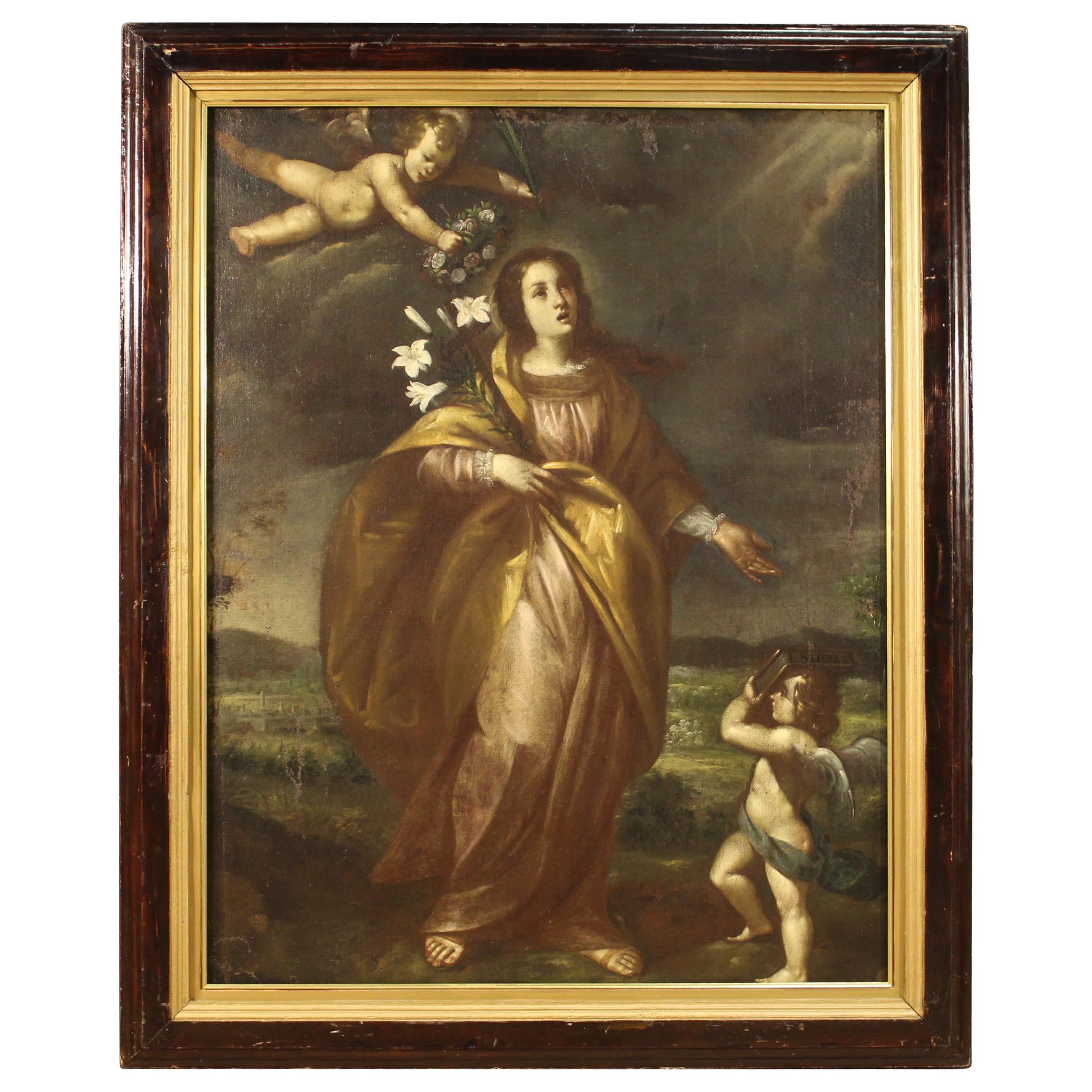 17th Century Oil on Canvas Italian Antique Religious Painting Saint Liberata