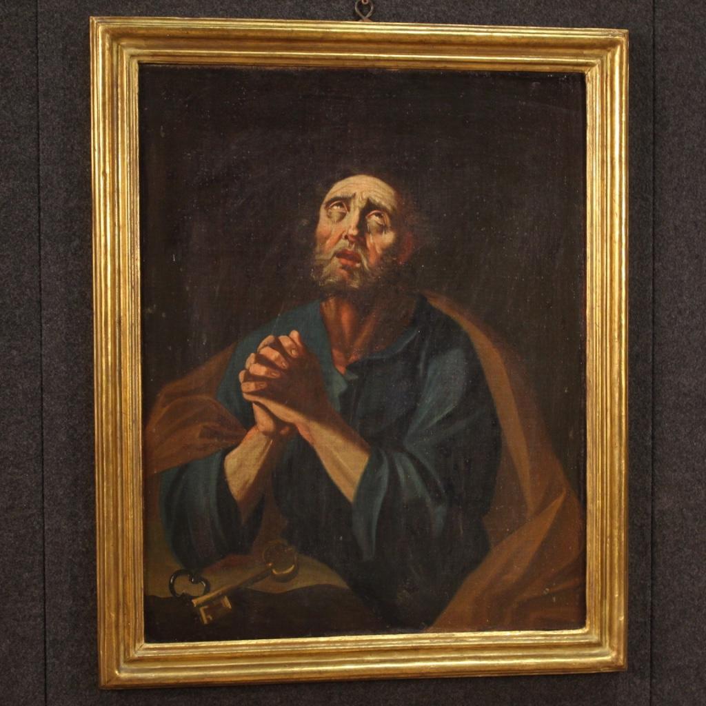 17th Century Oil on Canvas Italian Antique Religious Painting Saint Peter, 1680 7