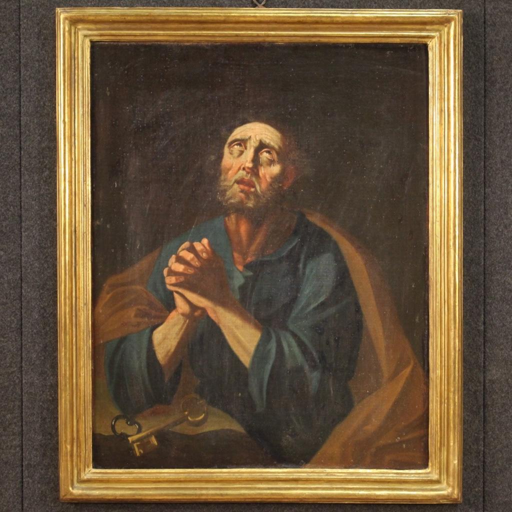 Antique Italian painting from the late 17th century. Framework oil on canvas depicting a religious subject St. Peter and the keys to heaven of excellent pictorial quality. High period painting for antique dealers, interior decorators and collectors