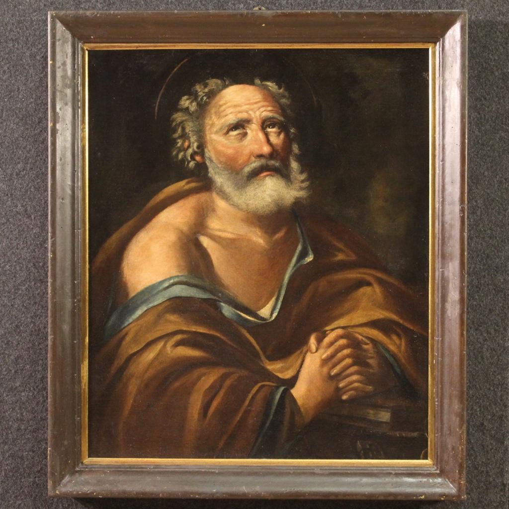 Antique Italian painting from the 17th century. Artwork oil on canvas depicting a religious subject penitent St. Peter of good pictorial quality. Painting of beautiful size and great character for antique dealers, interior decorators and collectors