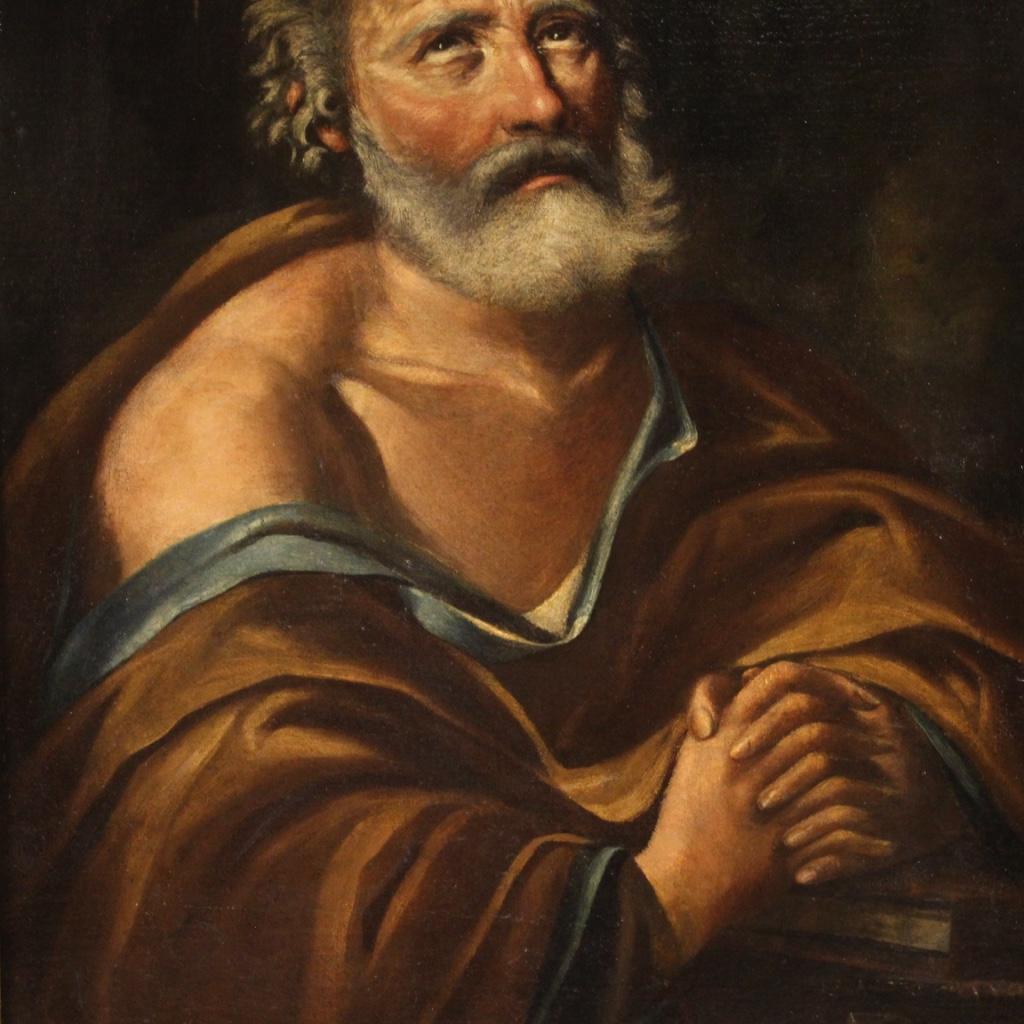 17th Century Oil on Canvas Italian Antique Religious Painting Saint Peter, 1680 In Good Condition In Vicoforte, Piedmont