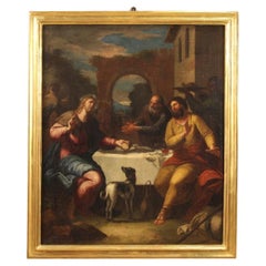 17th Century Oil on Canvas Italian Antique Religious Painting Supper at Emmaus