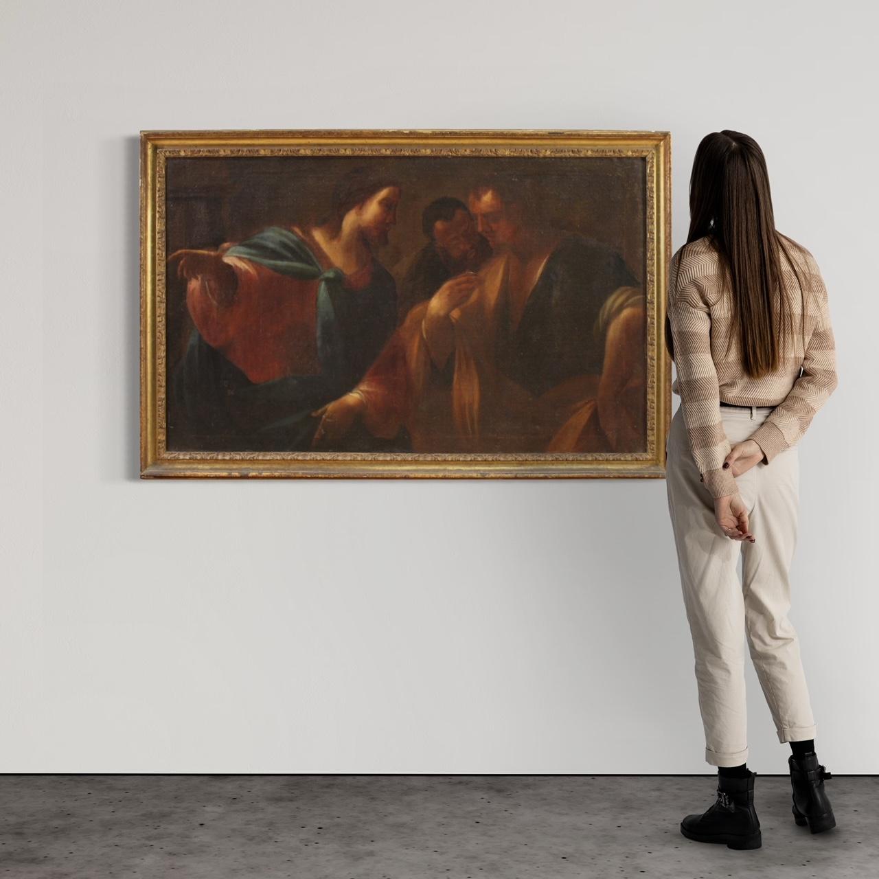 Pintura religiosa antigua de la segunda mitad del siglo XVII. Óleo sobre lienzo, primer lienzo, que representa el dinero del tributo. De hecho, existía un impuesto para el mantenimiento del Templo de Jerusalén. Cuando se le pide tributo, Jesús pide