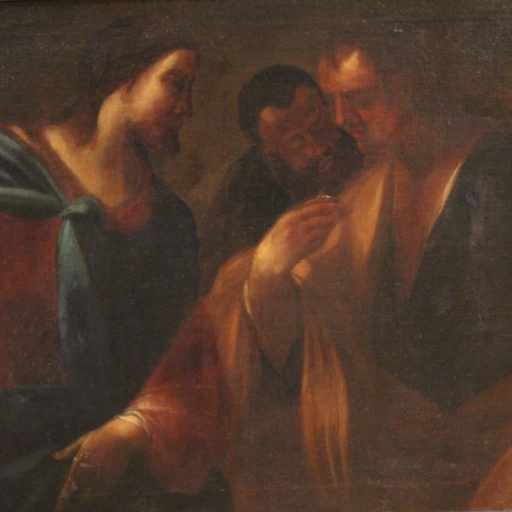 siglo XVII Óleo sobre Lienzo Pintura Religiosa Antigua Italiana El Tributo Dinero en Bastante bueno estado para la venta en Vicoforte, Piedmont
