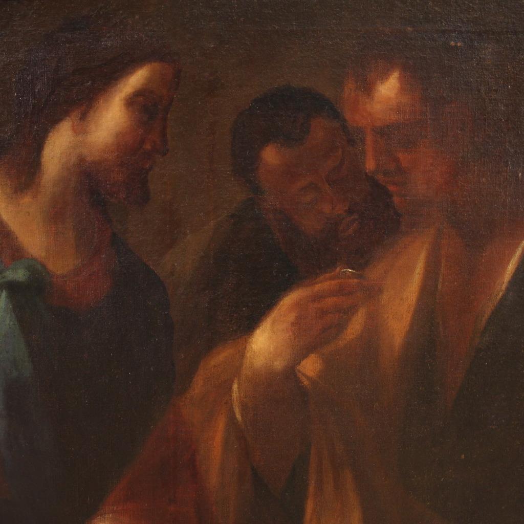 siglo XVII Óleo sobre Lienzo Pintura Religiosa Antigua Italiana El Tributo Dinero Late 17th Century en venta