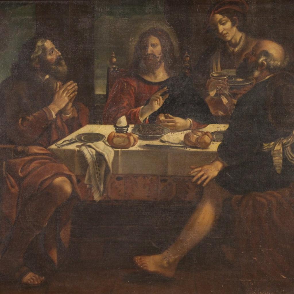 Antique Italian painting from the first half of the 18th century. Artwork oil on canvas, on the first canvas, depicting a religious subject Supper at Emmaus of good pictorial quality. Painting adorned with a wooden frame of the twentieth century,