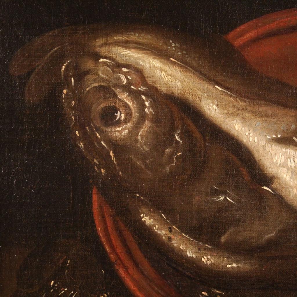 17th Century Oil on Canvas Italian Antique Still Life Painting with Fish, 1670 5