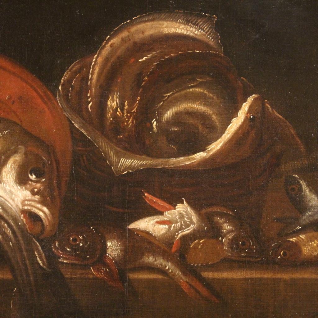 17th Century Oil on Canvas Italian Antique Still Life Painting with Fish, 1670 In Good Condition In Vicoforte, Piedmont