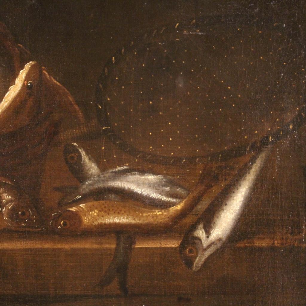 17th Century Oil on Canvas Italian Antique Still Life Painting with Fish, 1670 1