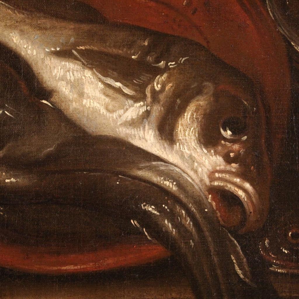 17th Century Oil on Canvas Italian Antique Still Life Painting with Fish, 1670 3