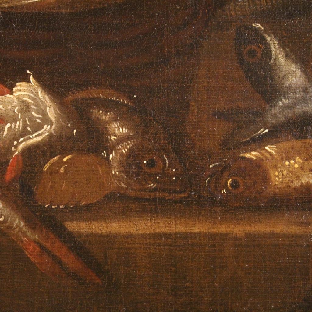 17th Century Oil on Canvas Italian Antique Still Life Painting with Fish, 1670 4