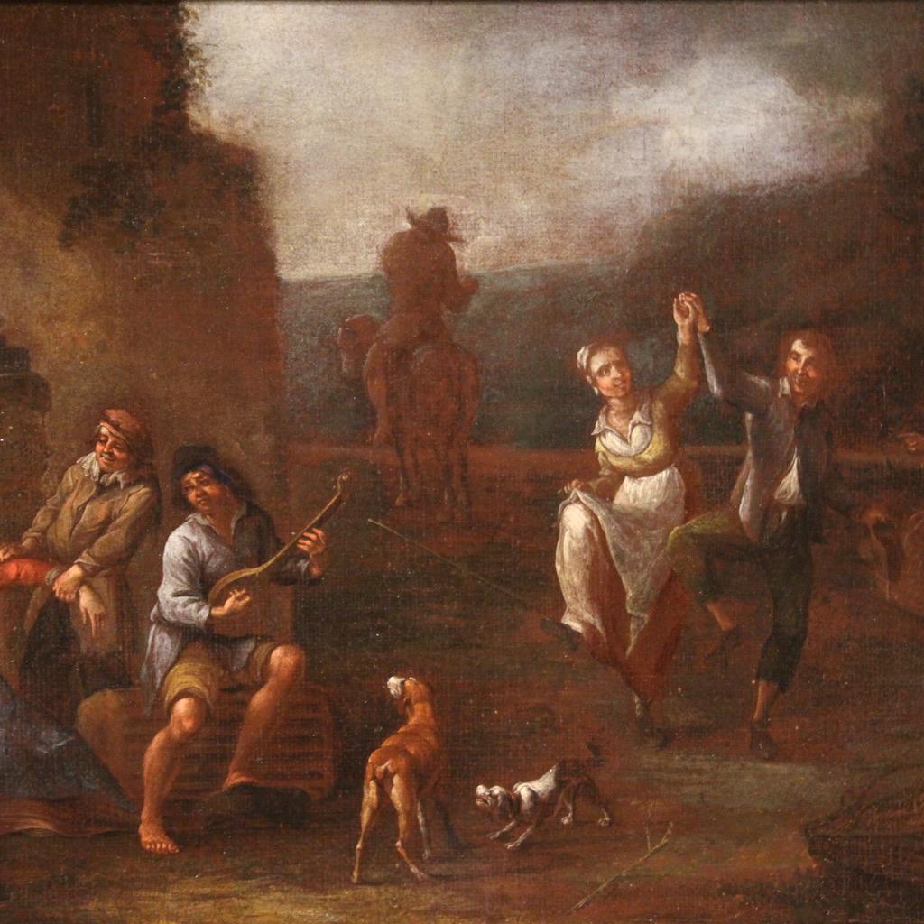 Antique Italian painting from the 17th century. Oil artwork on canvas depicting a splendid genre scene called bambocciante, this because it belongs to the pictorial school developed in Rome under Pieter Van Laer known as il bamboccio for its