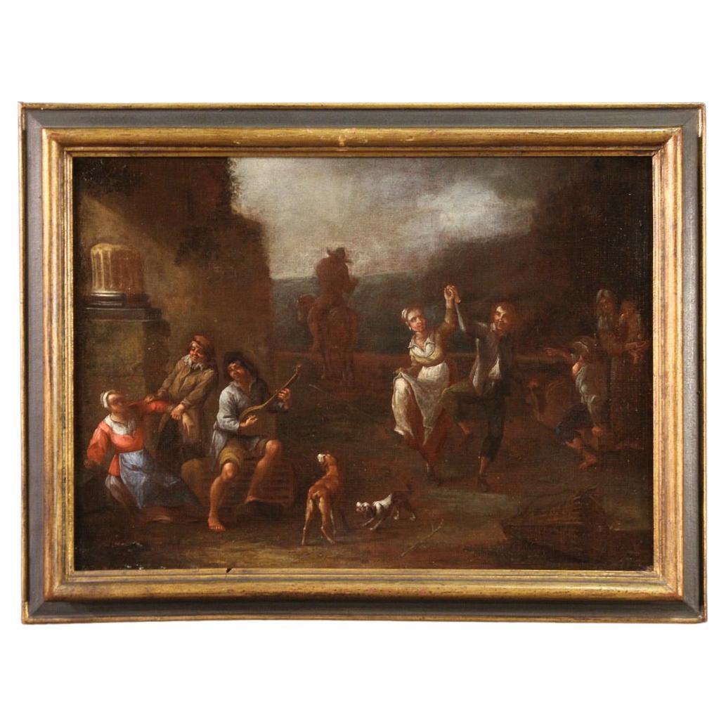 17th Century Oil on Canvas Italian Bamboccianti School Genre Scene Painting 1660 For Sale